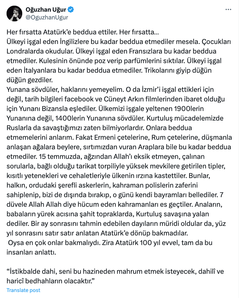 oguzhan ugur dan sevki yilmaz in ataturk e hakaret ettigi goruntulerle ilgili sert ifadeler